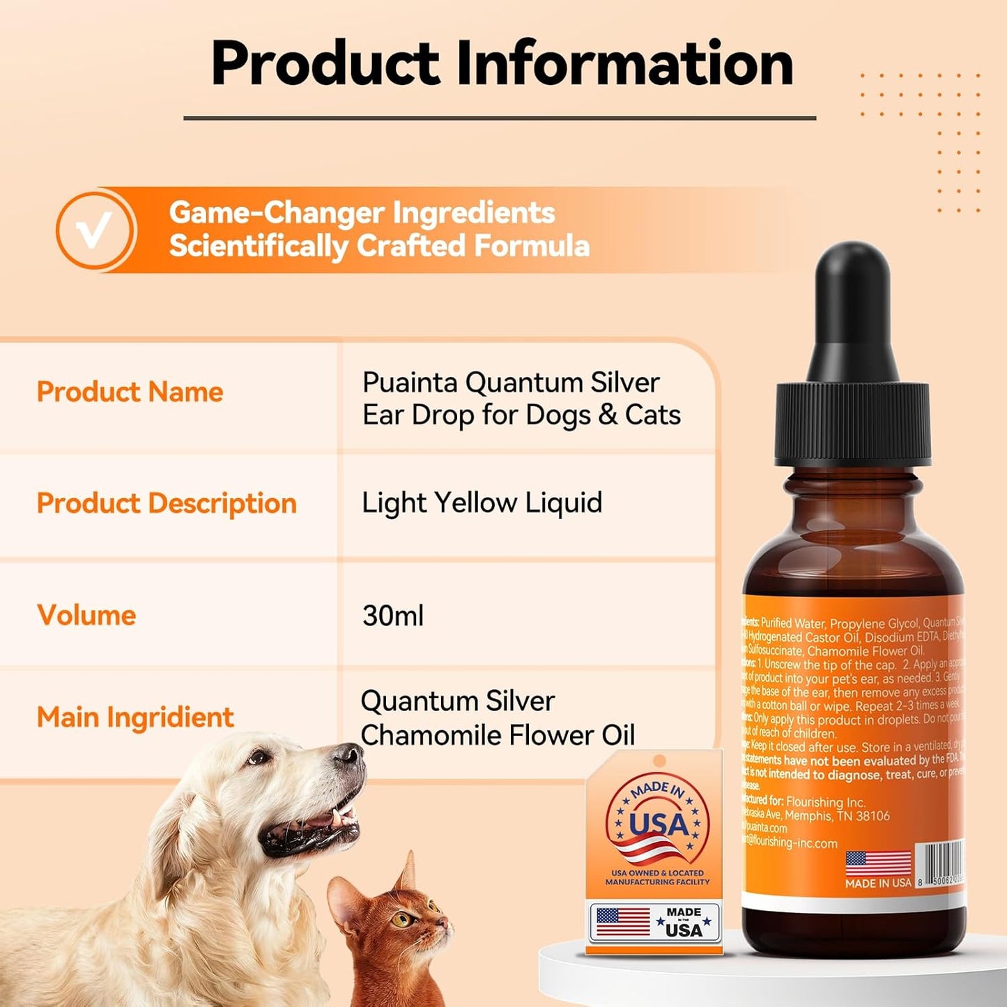 Dog Ear Drops with Finger Cots, Natural Dog Ear Cleaner and Infection Treatment, Quantum Silver Dog Ear Cleaning Solution for Itching, Irritation & Wax Build-Up,1oz