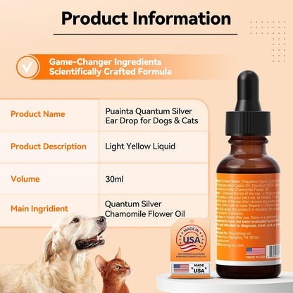 Dog Ear Drops with Finger Cots, Natural Dog Ear Cleaner and Infection Treatment, Quantum Silver Dog Ear Cleaning Solution for Itching, Irritation & Wax Build-Up,1oz