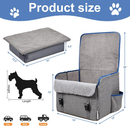 JESPET & GOOPAWS Dog Car Seat, Portable Dog Car Travel Bed with Clip-On Safety Leash, Briefcase Shape Waterproof Dog Booster Car Seat, Suitable for Pets Up to 25lbs