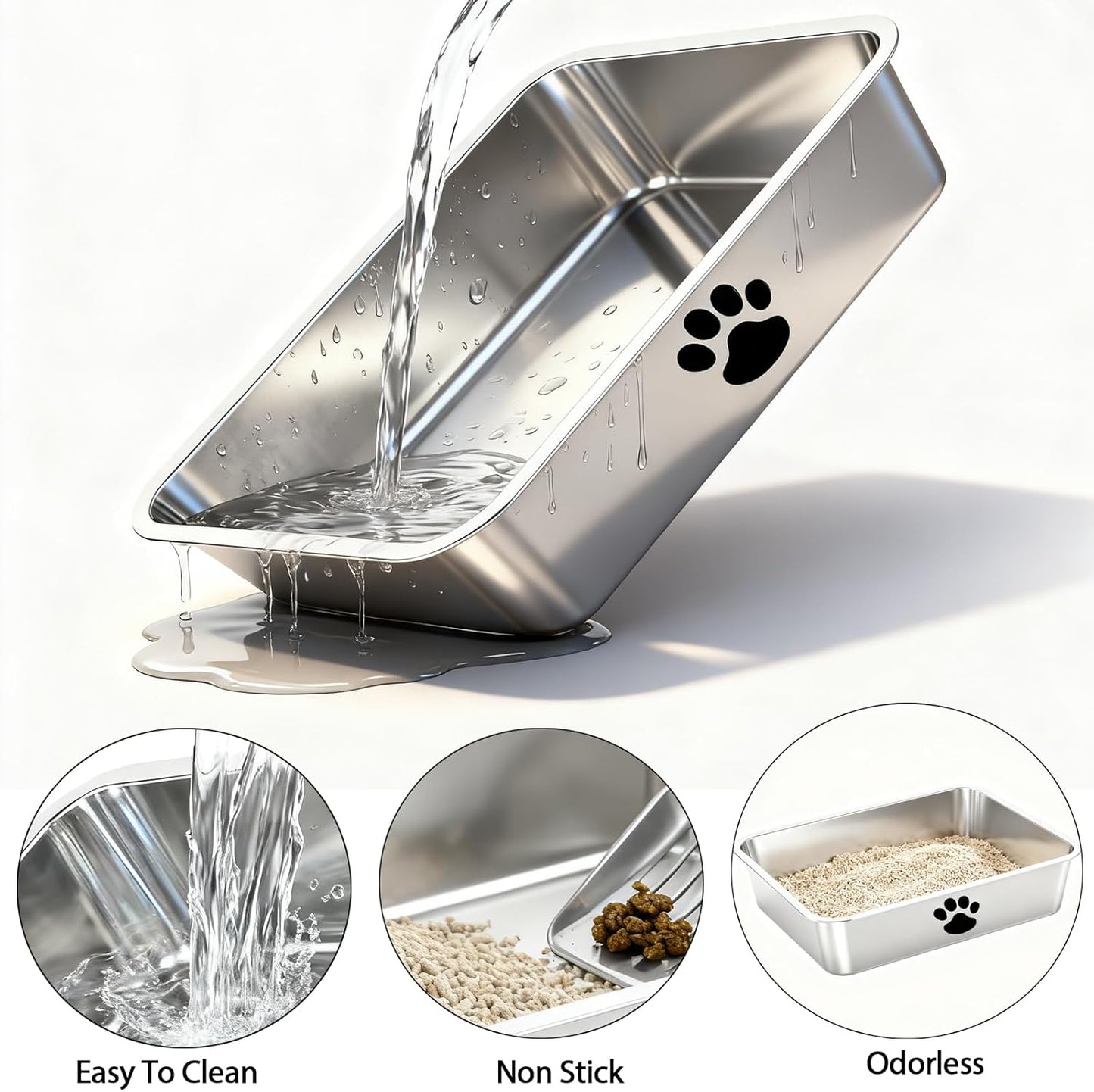 Stainless Steel Cat Litter Box with Cat Litter Scoop,Metal Kitty Litter Pan,Kitty Shallow Litter Box for Small Animals Cats Kitty,Rabbits Toilet,Easy to Clean,Non Stick