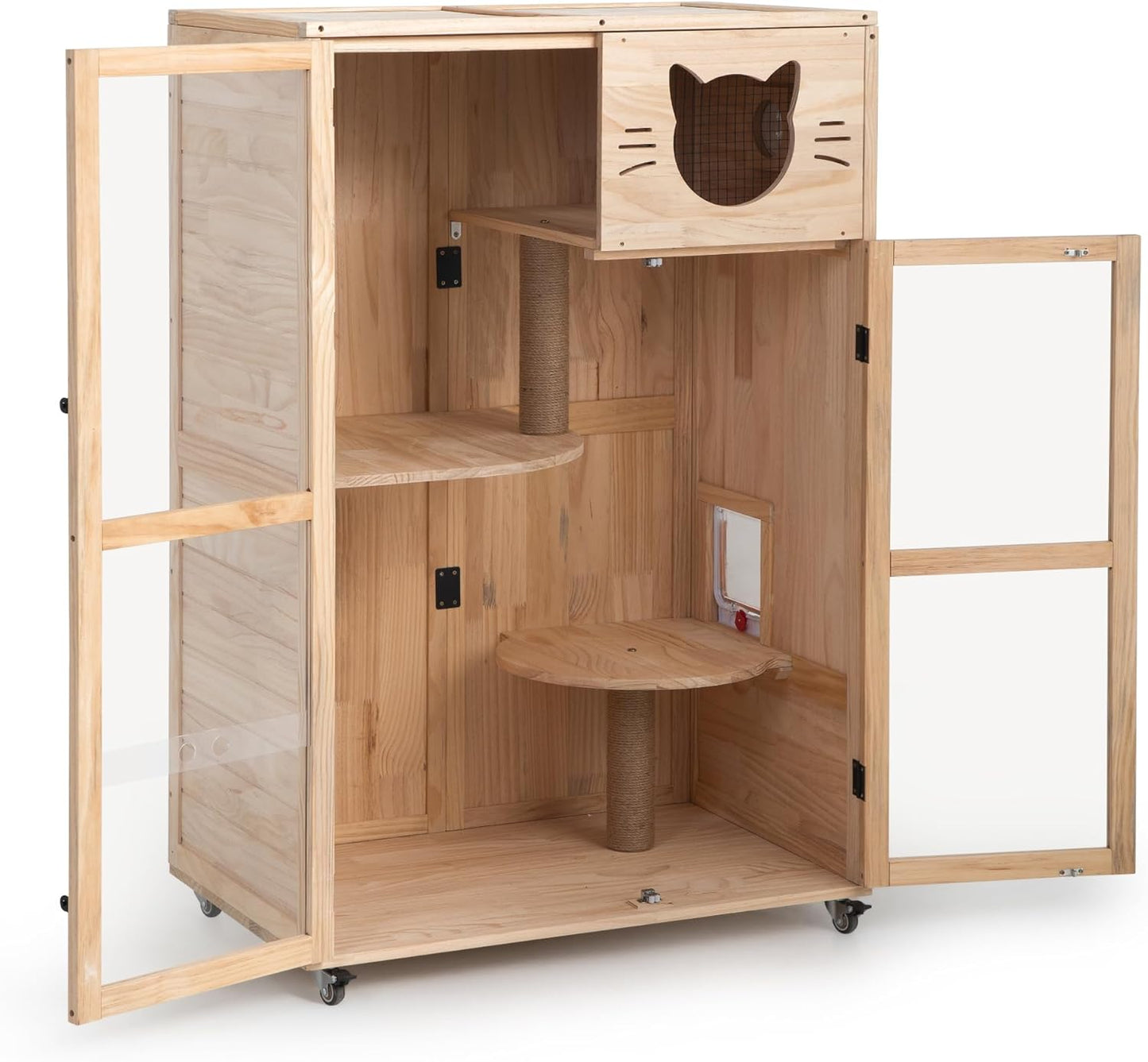 COZIWOW Large Wooden Cat House with Scratching Posts, Multi-Level Indoor Cat Enclosure with Acrylic Doors, Ventilation Holes, and Wheels (Natrual Wood)