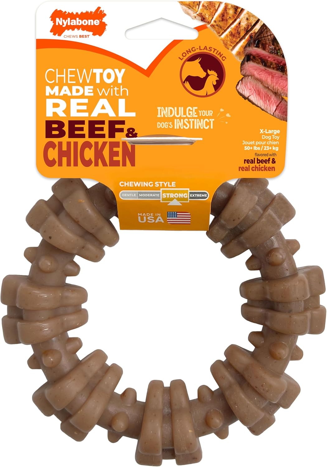 Nylabone Textured Ring Strong Chew Toy for Dogs Made with Real Beef & Chicken, Durable Dog Chew Bones for Aggressive Chewers, Keeps Dogs Busy, X-Large Dog Toys - 50+ lbs, 1 Count
