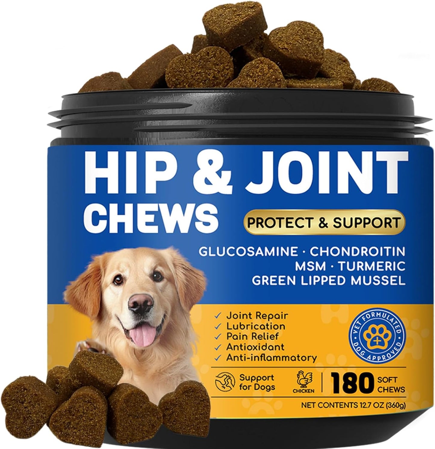 Glucosamine for Dogs Hip and Joint Supplement Chews, Chondroitin Joint Care for Dogs, Joints Chews for Dog, Dog Supplement for Pain Relief - 60-Day Satisfaction Guarantee -180 Ct