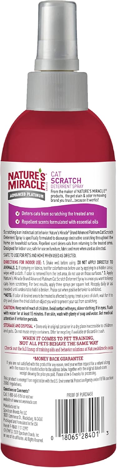 Nature's Miracle Advanced Platinum Cat Scratch Deterrent Spray, 8 Ounces, Discourages Destructive Scratching