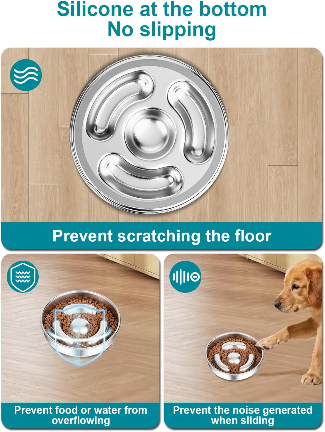 Slow Feeder Dog Bowl Stainless Steel，8-inch Diameter Dog Slow Feeder Bowl，Heavy Duty with Non-Slip Rubber Base，4Cups Capacity for Medium & Large Dogs to Slow Down Eating