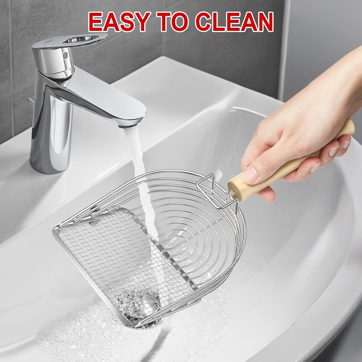 Ownpets Iron Metal Cat Litter Scoop, Heavy Duty Kitty Litter Scooper & Speed Sifter to Catch Small & Large Clumps, with Eucalyptus Wood Handle, Non-Stick Deep Shovel for Effective cleanup