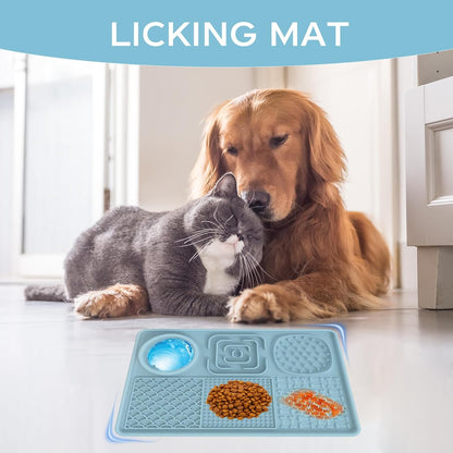 Pet Slow Feeder Licking Mat, 6-in-1 Multifunctional Bowl for Dogs & Cats, Food-Grade Silicone, Non-Slip Suction Cup，for Small & Medium Breeds (Blue)
