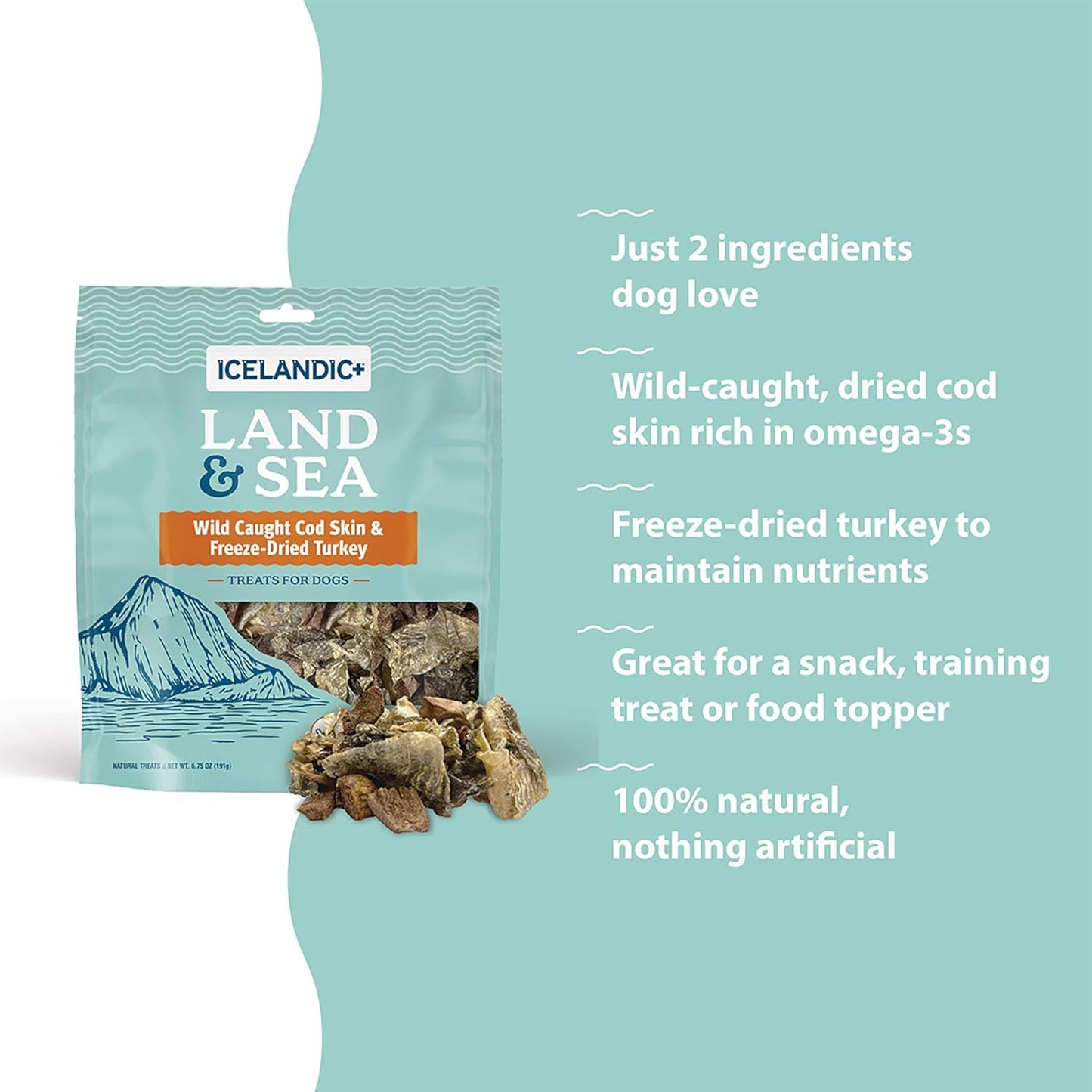 Icelandic+ Land & Sea Wild Caught Cod Skin & Freeze-Dried Turkey - 2.4oz Bag, Dog Treat & Food Topper, 2 Ingredients, No Preservatives, All Natural (Pack of 2)