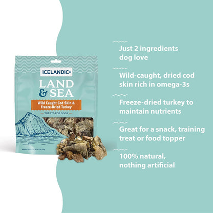 Icelandic+ Land & Sea Wild Caught Cod Skin & Freeze-Dried Turkey - 2.4oz Bag, Dog Treat & Food Topper, 2 Ingredients, No Preservatives, All Natural (Pack of 2)