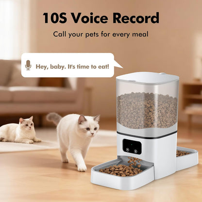 Automatic Cat Feeder for 2 Cats, 6L Automatic Cat Food Dispenser with 2 Stainless Steel Bowls, Timed Dry Food Dispenser with APP Control for Cats and Dogs, Dual Power Supply, 10s Voice Recorder