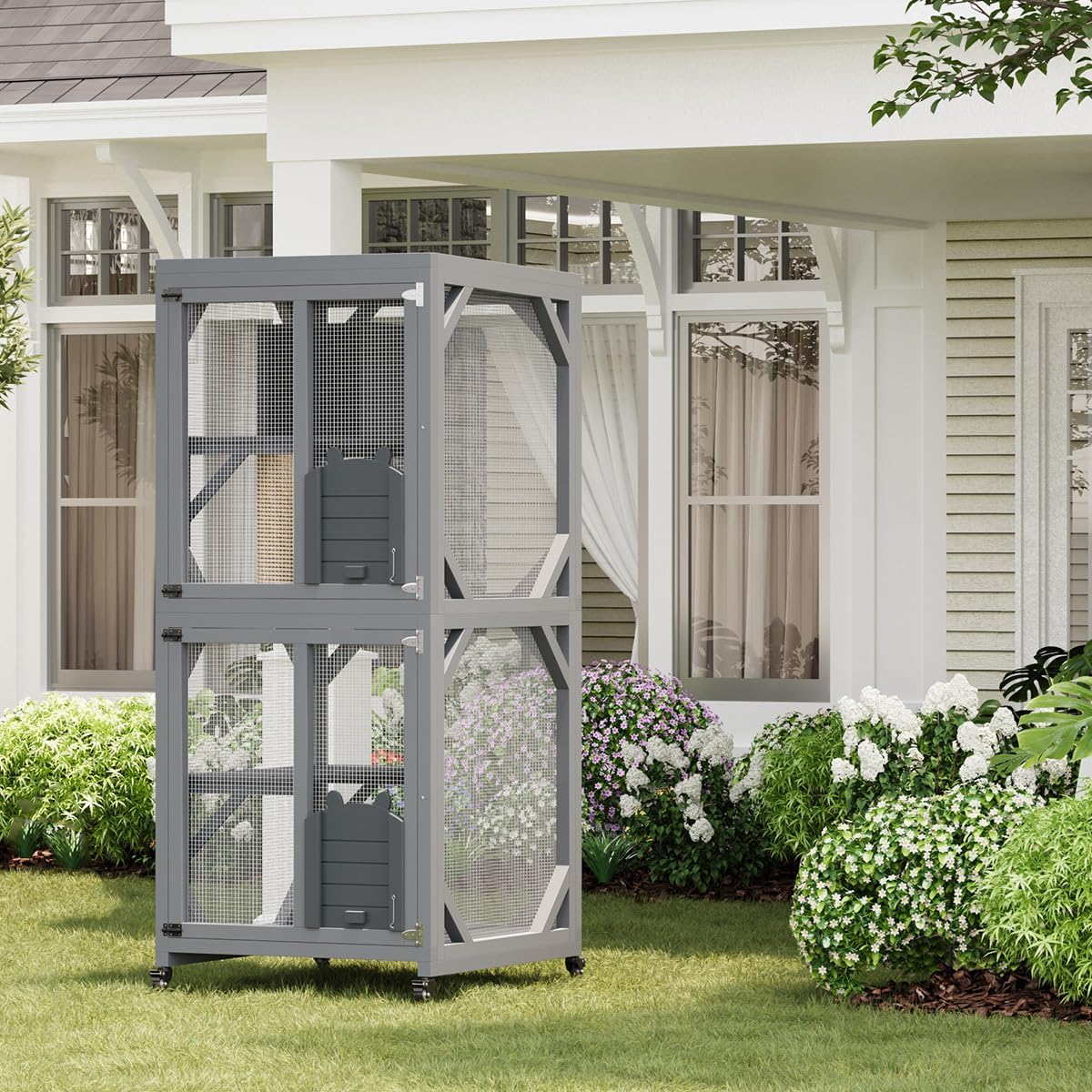 4 Tiers Outdoor Cat Enclosure on Wheels, 68'' Catio with Window Access, Weatherproof Roof Cats House with Scratch Post, Platforms and Resting Box Grey