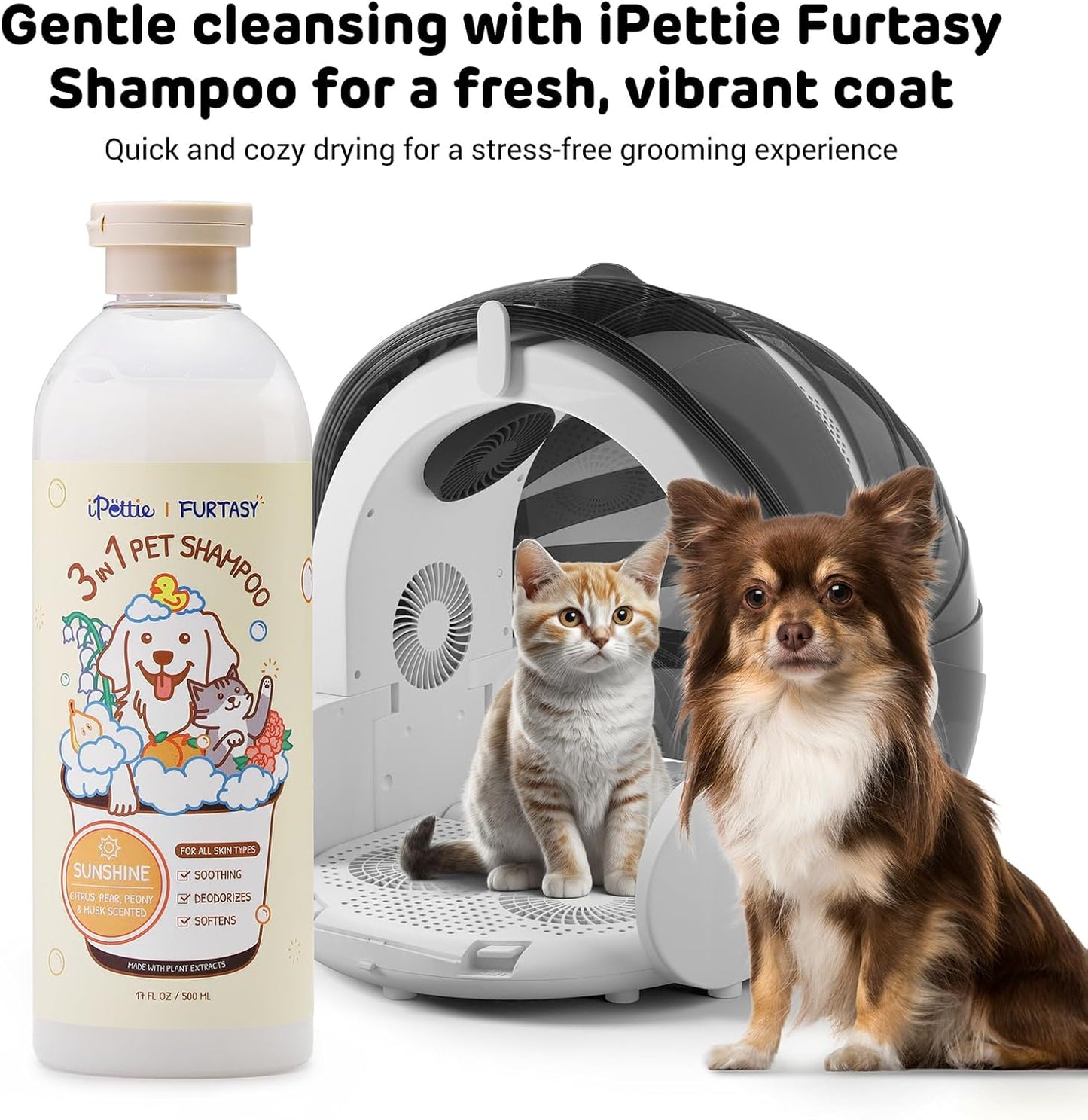 iPettie Furtasy Pet Shampoo, 3-in-1 Formula with Aloe, Herbal Extracts, Soothing, Deodorizing, Softening, Alcohol-Free, Sunshine Scent, 500ml, 16 Packs
