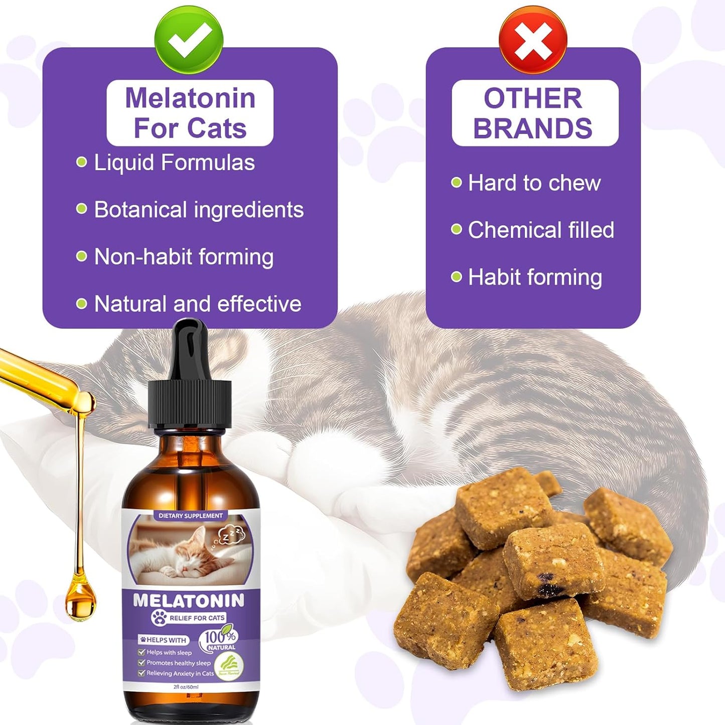 Cat Melatonin, Melatonin for Cats, Cat Tranquilizer to Anxiety Relief for Feline and Stressful Emotions in Kitten, Cats Sleep Aid to Promote Relaxation and Entry into Sleep in Kitten