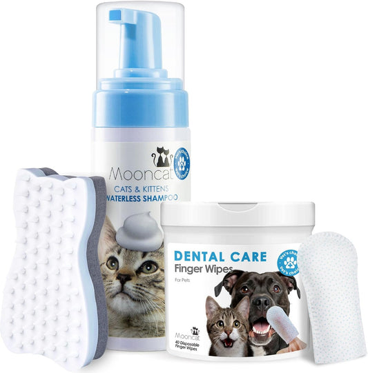 Mooncat Waterless Cat Shampoo with Brush and Dental Finger Wipes Bundle - Licking Safe Dry Foam Bath and Teeth Cleaning Wipes for Grooming and Breath Freshening