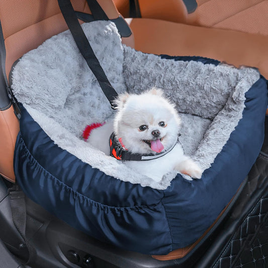 Dog Car Seat for Small Dogs, Washable Pet Booster Seats for Car with Clip-On Safety Leash, Reversible Puppy Carseat with Storage Pockets, Travel Carrier Bed for Dogs Under 25 lbs, Blue