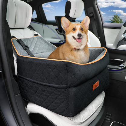 Dog Car Seat for Small Medium Dogs, Memory Foam Dog Booster Car Seat for Pets Under 35 lbs, Anti-Slip Pet Carseat with 2 Adjustable Leashes, Elevated Dog Travel Bed with Storage Pockets