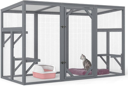 Outdoor Cat House, 71" Catio Outdoor Cat Enclosure, Large Cat Houses & Condos, Cattio for Apartment Balcony, Window Cat Cage Weatherproof, Grey