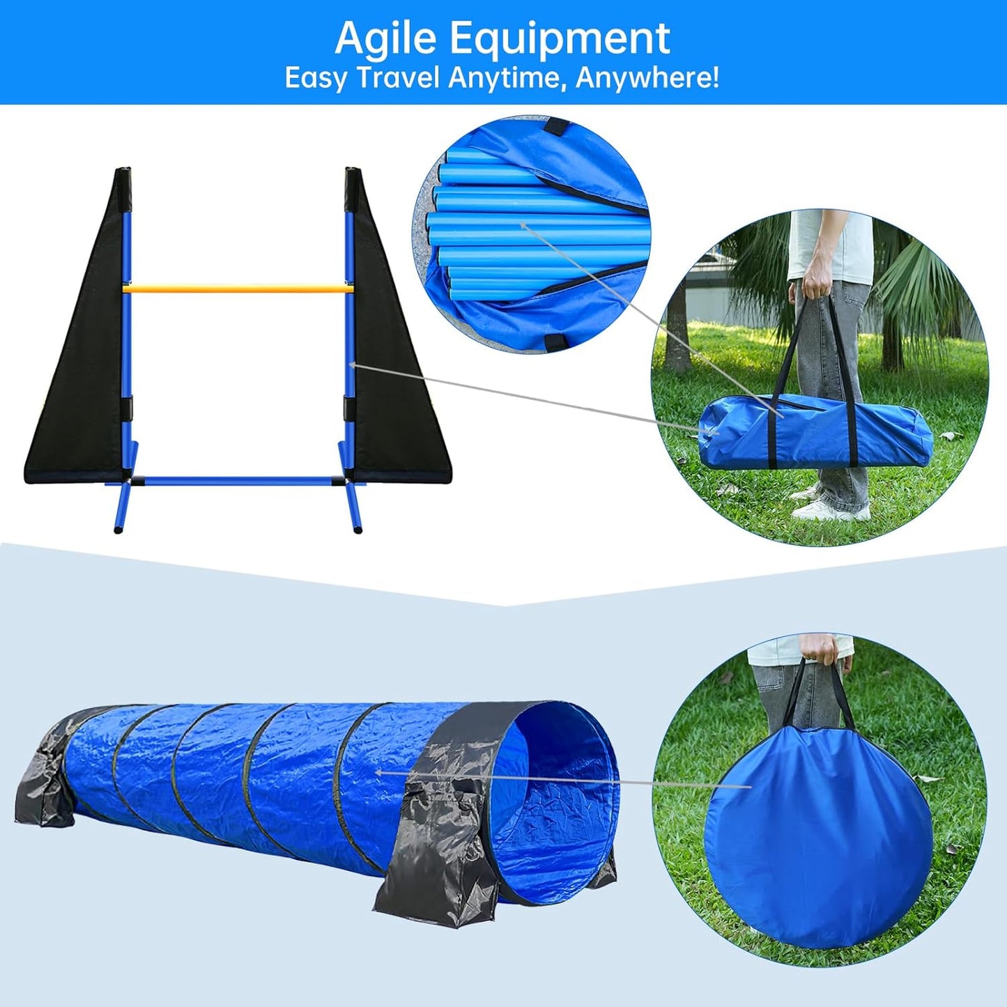 Dog Agility Course Backyard Set - Includes 2x10ft Tunnels, 2 Agility Hurdles,1 Jump Ring,1 Weave Pole, 1 Pause Box | Perfect Dog Agility Equipment for Obstacle Course | Easy Setup & Storage