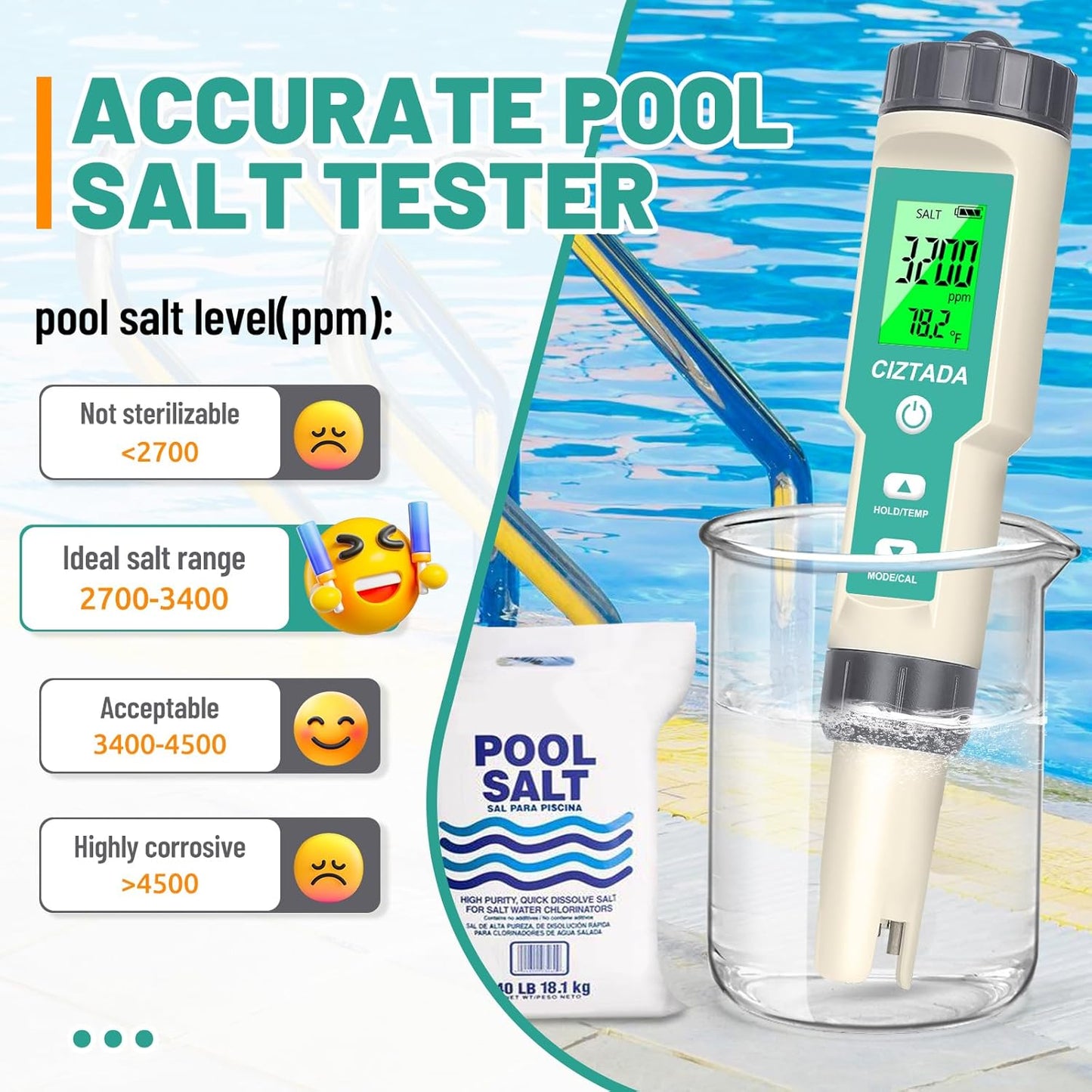 Digital Salinity Tester and 56.2mS/cm(35.0 PPT) Calibration Solution Combo for Saltwater Pool, Seawater, Aquarium, Fish Tank
