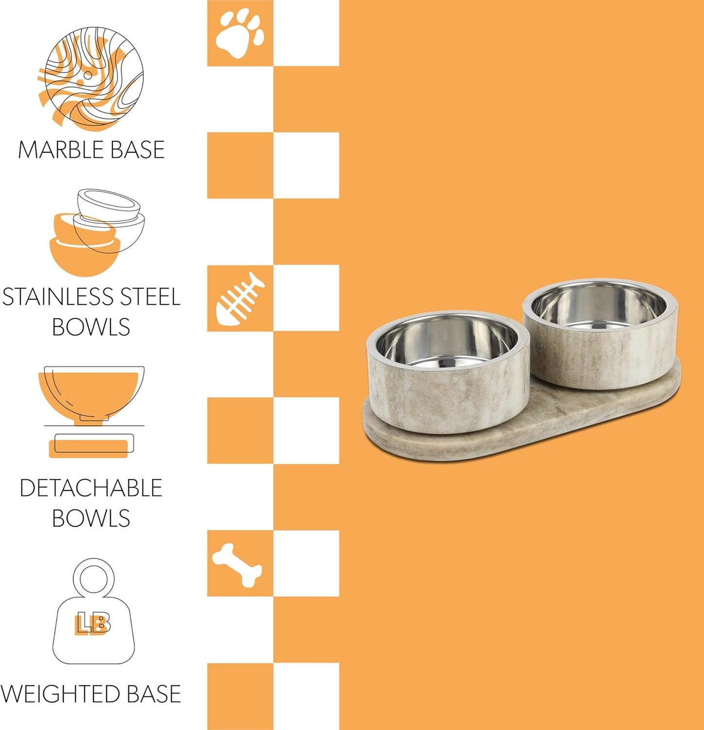 DBL1000E Marbre Small/Medium Modern Weighted Double Marble and Stainless Steel Bowl 12oz (1.5 Cups) Feeder with Non-Slip Marble Tray Set, Gray/Brown