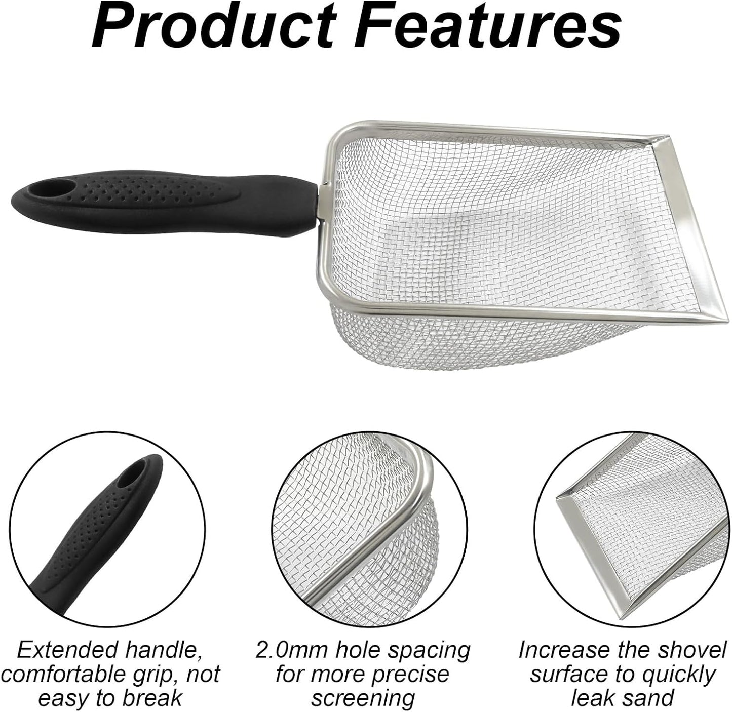 Murtenze Stainless Steel Cat Litter Scoop, Non-Stick Coated Metal Fine Sand Litter Scoop, Mesh Shovel for Reptile Kitten Pooper (Black, 2mm mesh)