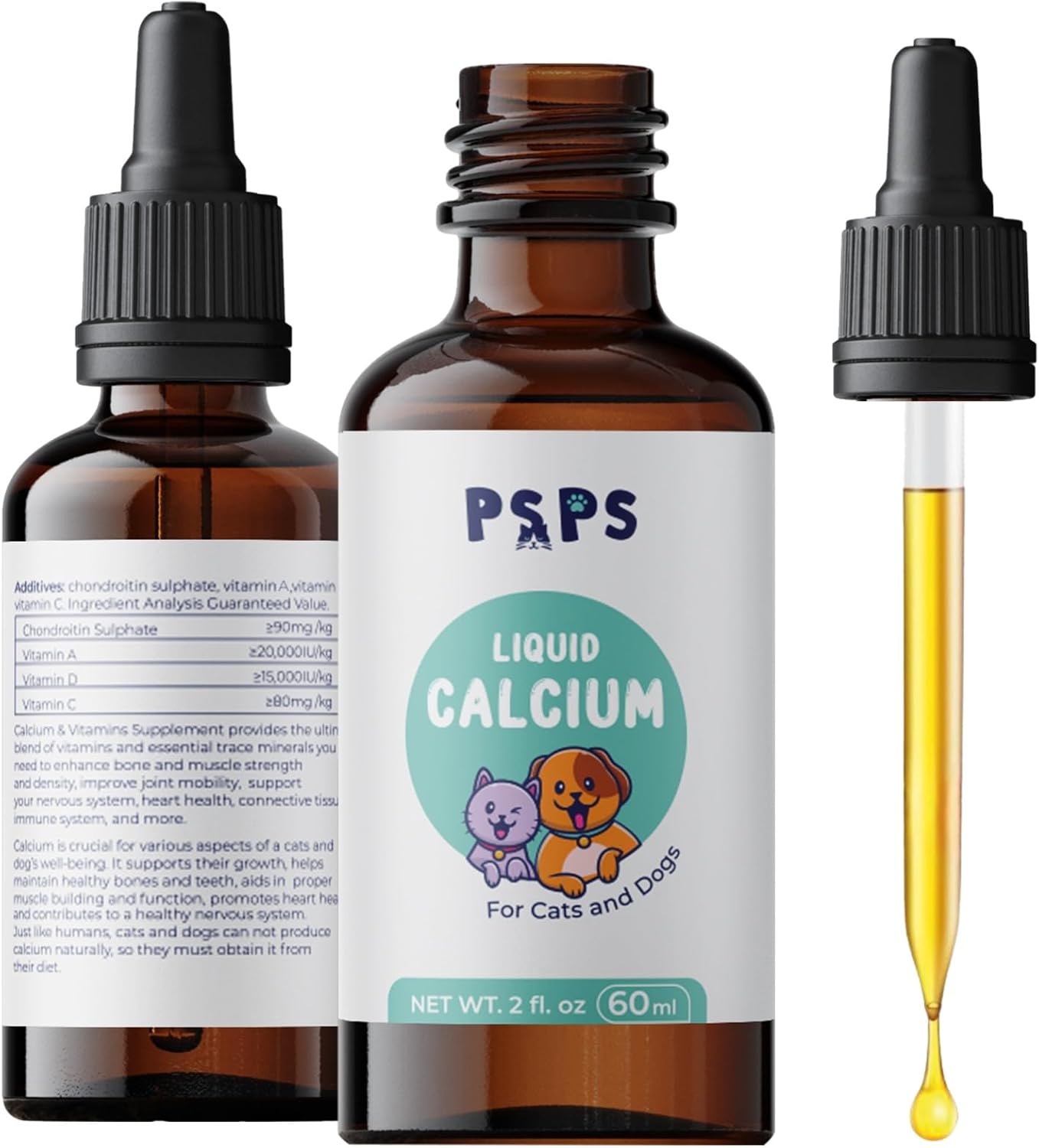 Calcium Liquid for Dogs & Cats - Multivitamin for Dog - Calcium for Dogs - Fortified Vitamins A, C & D - Bone & Teeth Health, Immune Support, and Overall Pet Wellness – 2 Fl. Oz.