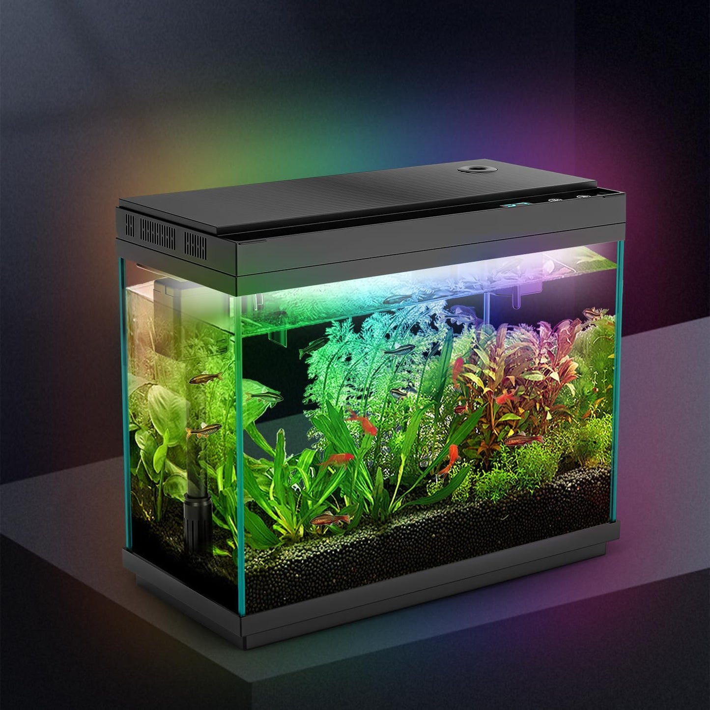 Smart Aquarium Fish Tank with Silent Water Pump, 2.4 Gallon Small Aquarium with Quick Start Kit, Temperature Display, Humidifier and RGB Lights, Perfect for Home, Office, and Decor