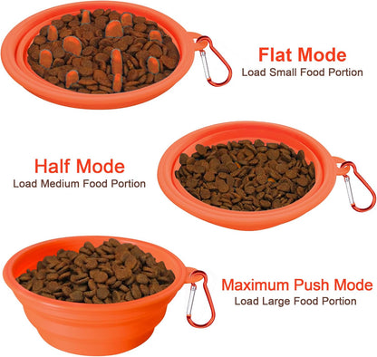 Large Collapsible Dog Bowls (34oz), 1 Pack Pet Travel Foldable Bowl and Slow Feeding Frisbee with Carabiners, Healthy, Soft Silicone, Portable Essential Set for Walking, Travel, and Hiking (Orange)