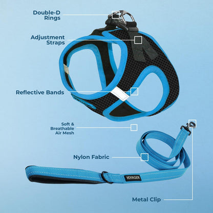 Best Pet Supplies Voyager Step-in Air All Weather Mesh Harness and Reflective Dog 5 ft Leash Combo with Neoprene Handle, for Small, Medium and Large Breed Puppies - Black/Blue Trim, X-Small