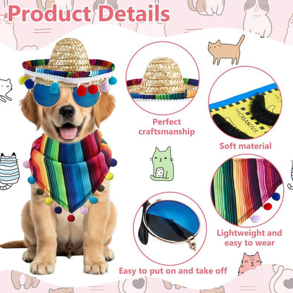 9-Piece Mexican Dog Costume Set - Cat Bandana, Triangle Bib, Sombrero, Pet Mustache Decoration, Sunglasses Decoration