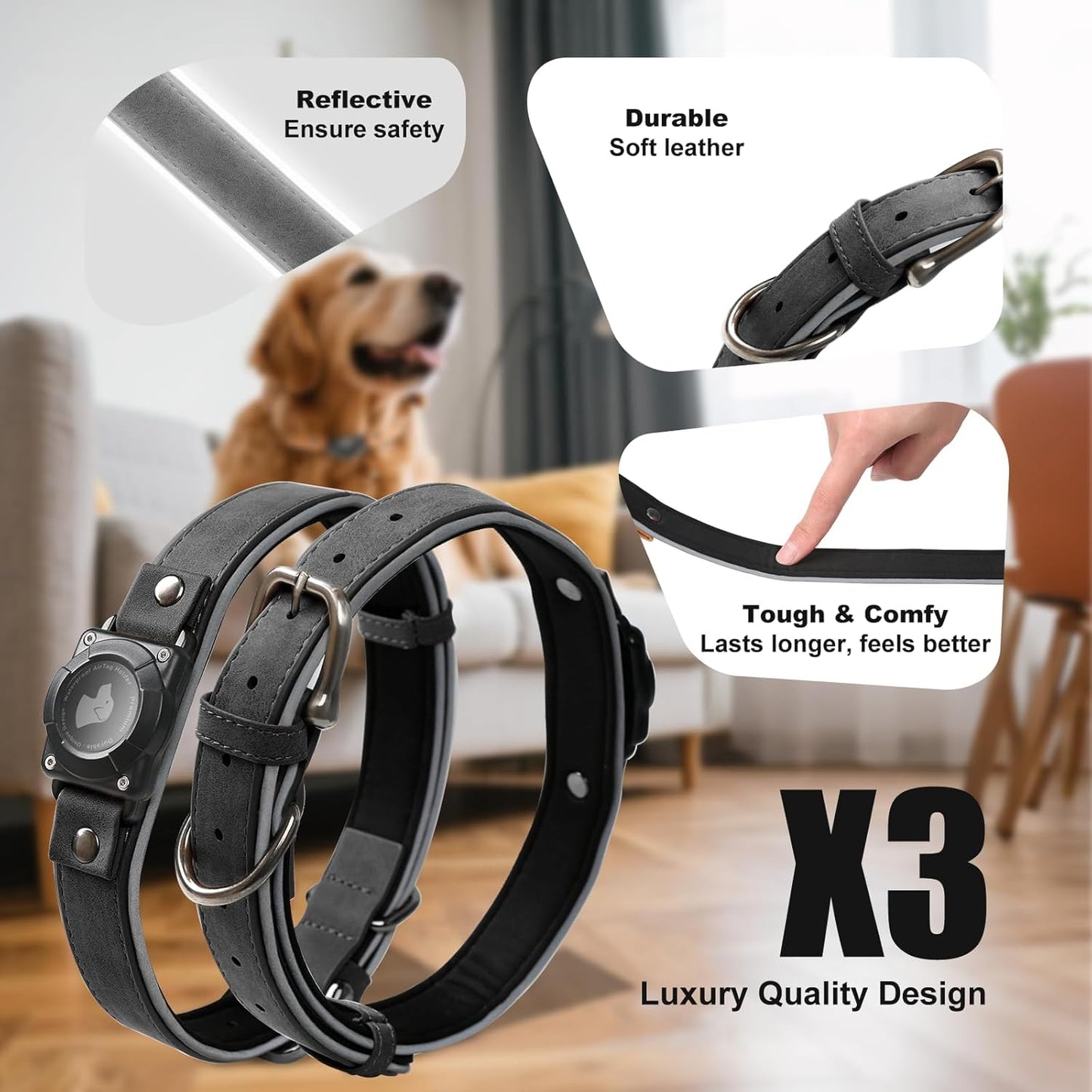 Leather AirTag Dog Collar - IPX8 Waterproof Dog Collar with AirTag Holder|Reflective, High - End, Adjustable Soft Padded |Dog GPS Collar Tracker Fit for Medium Large Dogs (Black, XL)