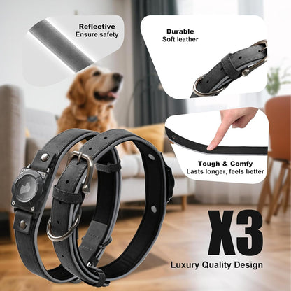 Leather AirTag Dog Collar - IPX8 Waterproof Dog Collar with AirTag Holder|Reflective, High - End, Adjustable Soft Padded |Dog GPS Collar Tracker Fit for Medium Large Dogs (Black, XL)