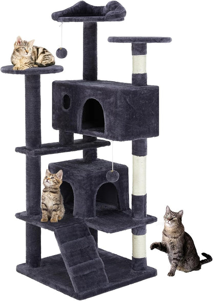 DUMOS 54-inch Indoor Cat Tree Tower –Multi-Level Pet House for Large Cats with 2 Condos, Scratching Posts, Round Platform, Small Ladder, and Toys – Perfect for Cats of All Ages, Dark Grey