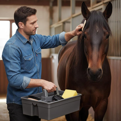Abbylike 6 Pieces Horse Grooming Tote Kit Plastic Storage Grooming Bag for Horses Durable Tote Tack Box Organizer with Handle Horse Brush Sets Cleaning Caddy Supplies(Gray)