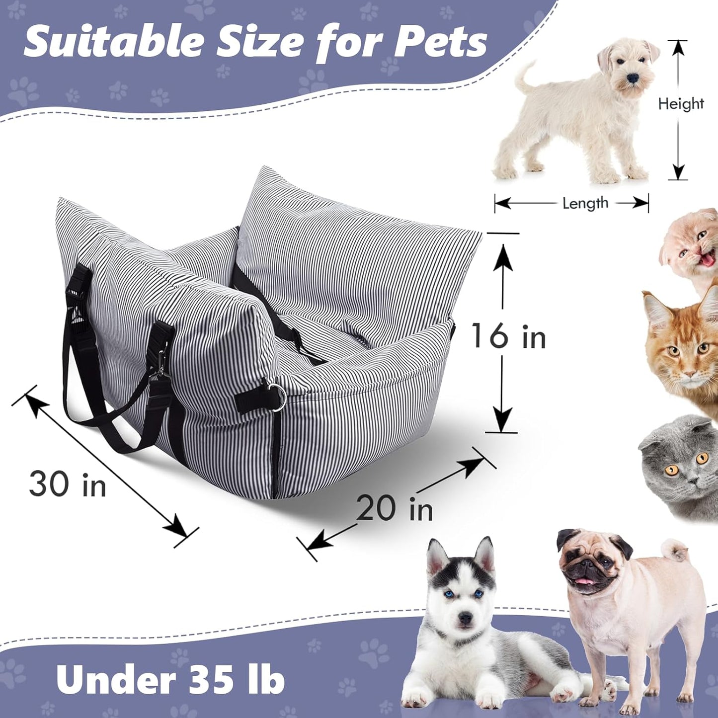 Dog Car Seat for Medium/Small Dogs,Pet Car Seat Travel Bed Detachable Washable Dog Booster Seats Under 30 lbs,Portable Cars Travel Carrier Bed with Storage Pockets and Dogs Safety Belt