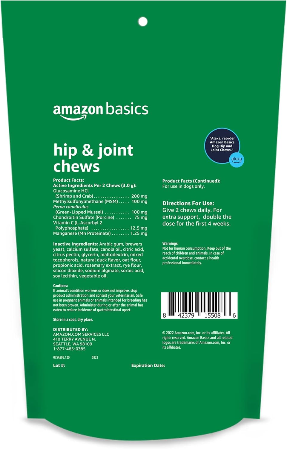 Amazon Basics Dog Hip & Joint Daily Supplement Chews with Glucosamine, MSM, and Vitamin C, Duck Flavored, 120 Count (Previously Solimo)
