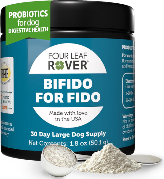 Four Leaf Rover Bifido for Fido - Dog Probiotics for Digestive Health and Gut Health and Immune Balance - 50 Billion CFU - Veterinarian Formulated - 30 Day Large Dog Supply