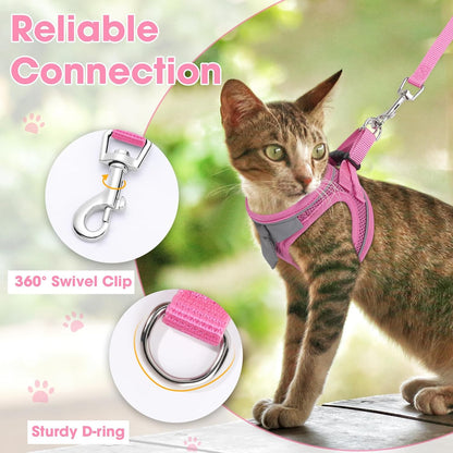 Cat Harness and Leash Set for Walking Escape Proof, Soft Adjustable Kitten Harness Breathable Mesh with Reflective Strips Harness for Kitty Puppy Bunny(Pink,XS)
