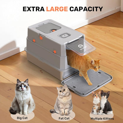 Stainless Steel Litter Box with Lid, Anti-Leakage Enclosed Metal Litter Box, Flip-Top Extra Large Kitty Litter Pan with Scoop & Pedal, Odor Free, Front & Top Dual Entry, Light Gray