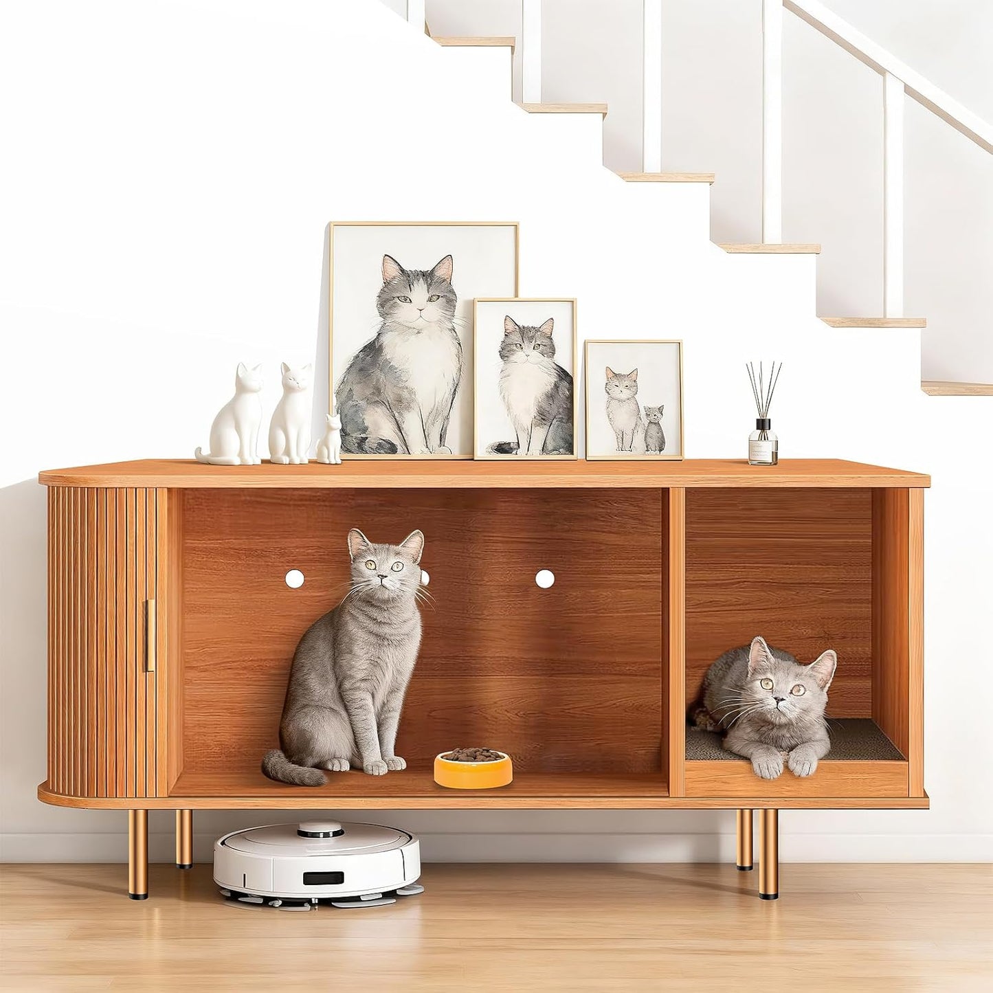 Litter Box Enclosure with Cat Scratch Pad, Sliding Door, 38.5" Litter Box Enclosure Furniture Hidden Litter Box, Modern Indoor Cat House, TV Stand, Side End Table for Living Room, Walnut