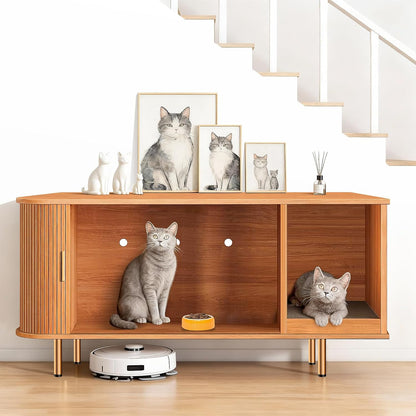 Litter Box Enclosure with Cat Scratch Pad, Sliding Door, 38.5" Litter Box Enclosure Furniture Hidden Litter Box, Modern Indoor Cat House, TV Stand, Side End Table for Living Room, Walnut