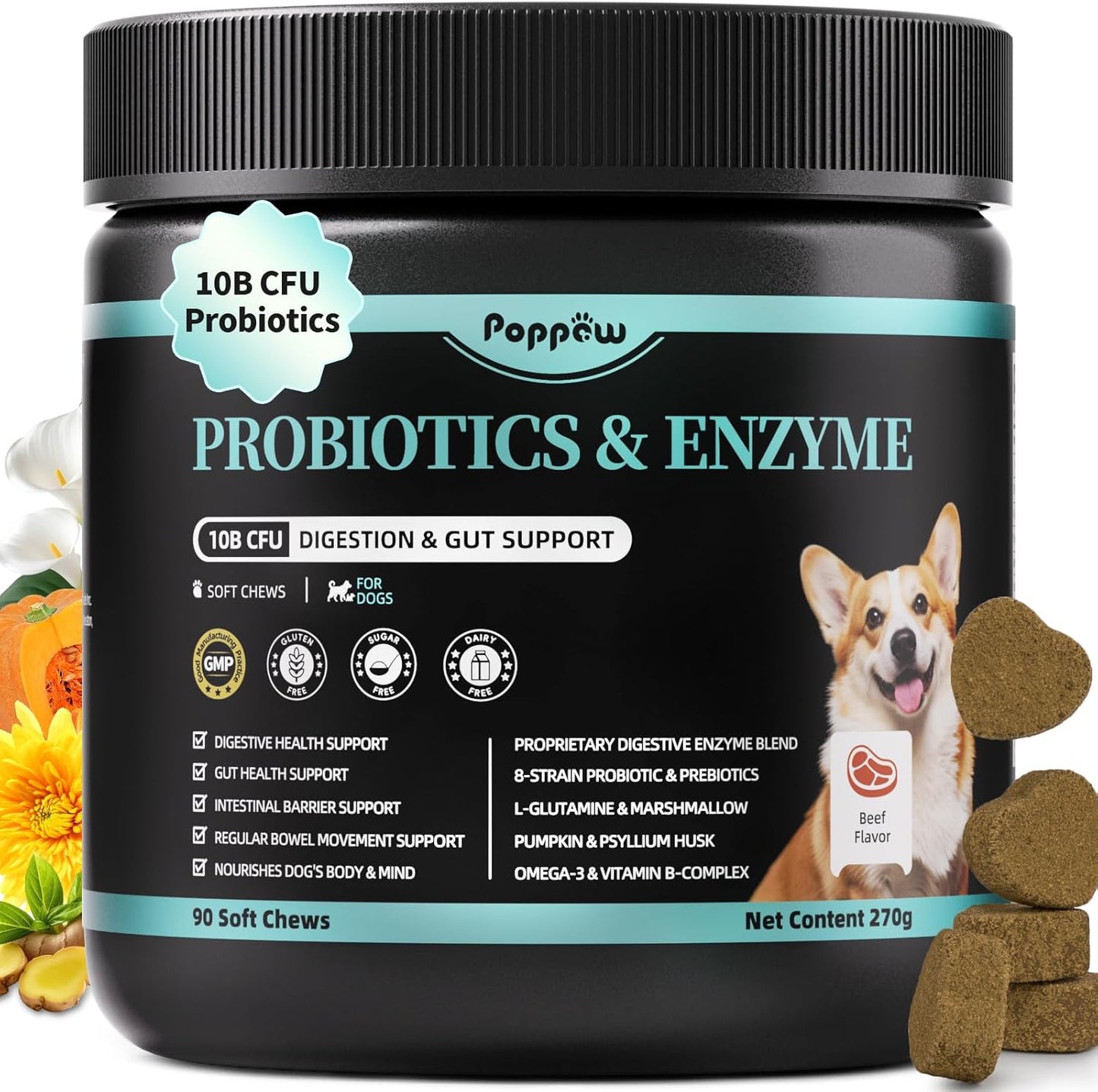 Probiotics for Dogs, Digestive Enzymes & Pumpkin Fiber for Gut Health and Bowel Support, Dog Supplement for Gas Relief & Constipation, 10B CFU with 5 Prebiotics & 5 Enzymes, 90 Count Beef Flavor