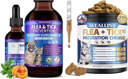 Flea and Tick Prevention Support Drop for Dogs & Cats + 200 Chews for Cats | Pets Oral Natural Supplement Flea and Tick Treatment for All Breeds and Ages