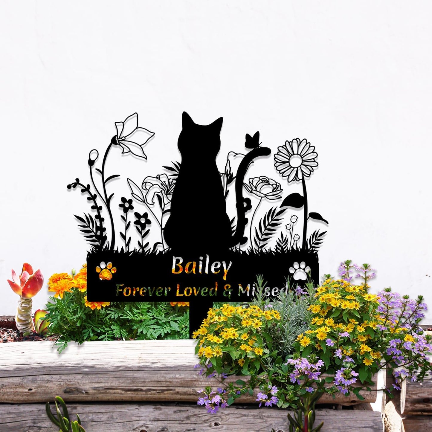 Custom Cat Name Memorial Grave Stake Marker, Personalized Floral Cat Memorial Grave Marker, Customized Flowers Butterfly Cat Memorial Stake Outdoor Metal Grave Plaque Cat Memorial Statue