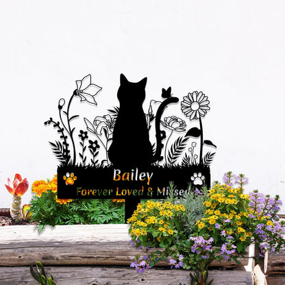 Custom Cat Name Memorial Grave Stake Marker, Personalized Floral Cat Memorial Grave Marker, Customized Flowers Butterfly Cat Memorial Stake Outdoor Metal Grave Plaque Cat Memorial Statue
