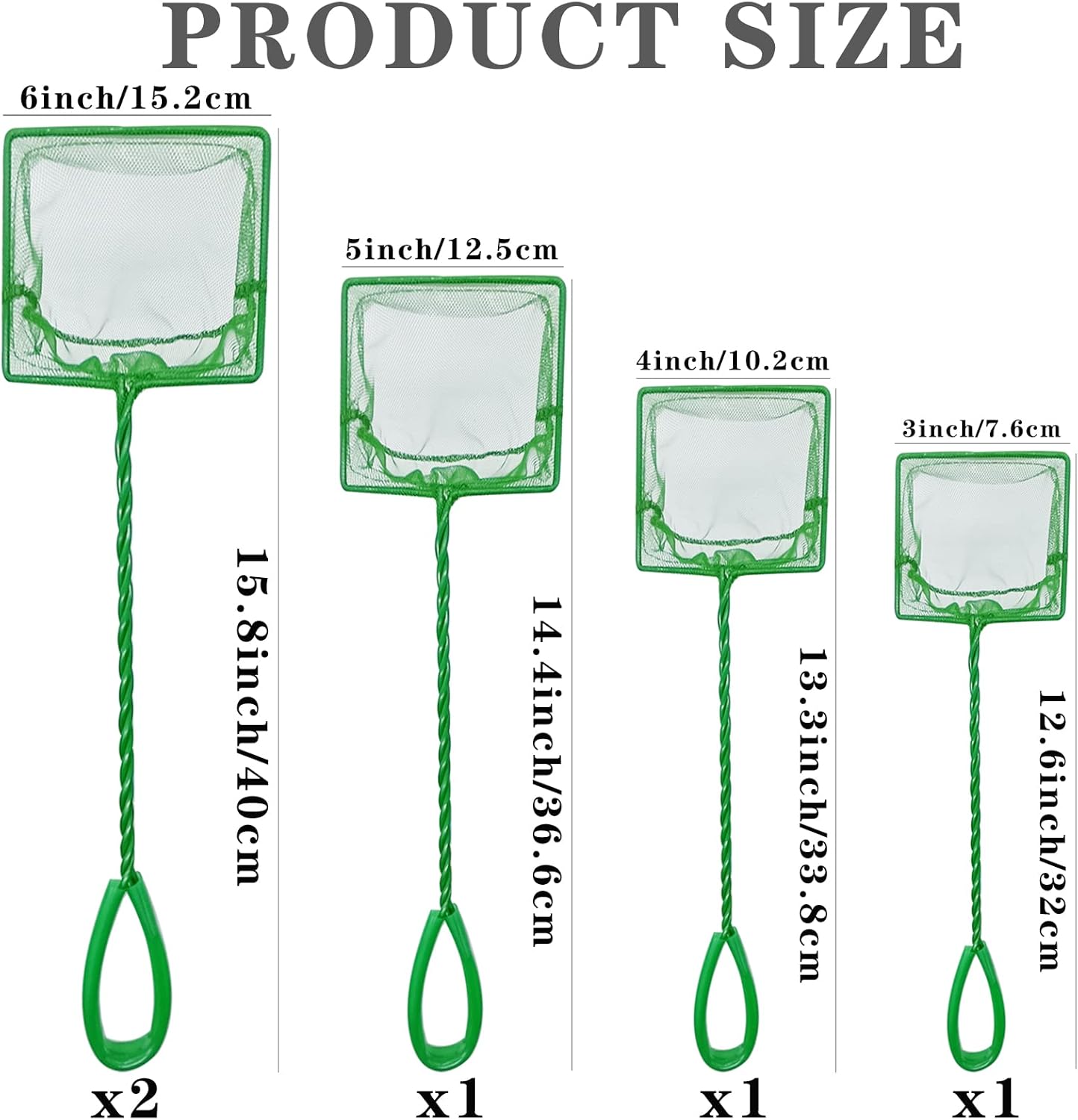 5 Pack Aquarium Fish Net, Multi-Size Fine Quick Fish Catch Nets Nylon Fishing Mesh Nets with Long Plastic Handle for Fish Tank - Green (3in, 4in, 5in, 6in, 6in)