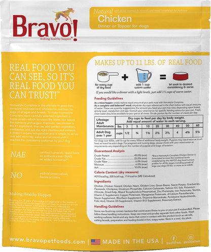 Bravo! Homestyle Complete Freeze Dried Raw Dog Food or Topper, Chicken, 2 Pounds, Add Water to Rehydrate for up to 9 Pounds of Food, Grain Free, Gluten Free
