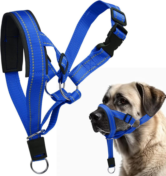 Dog Headcollar, Anti-Pull Dog Collar, Adjustable Reflective Dog Muzzles, No Pull Mouth Harness with Training Leash, L (Blue)
