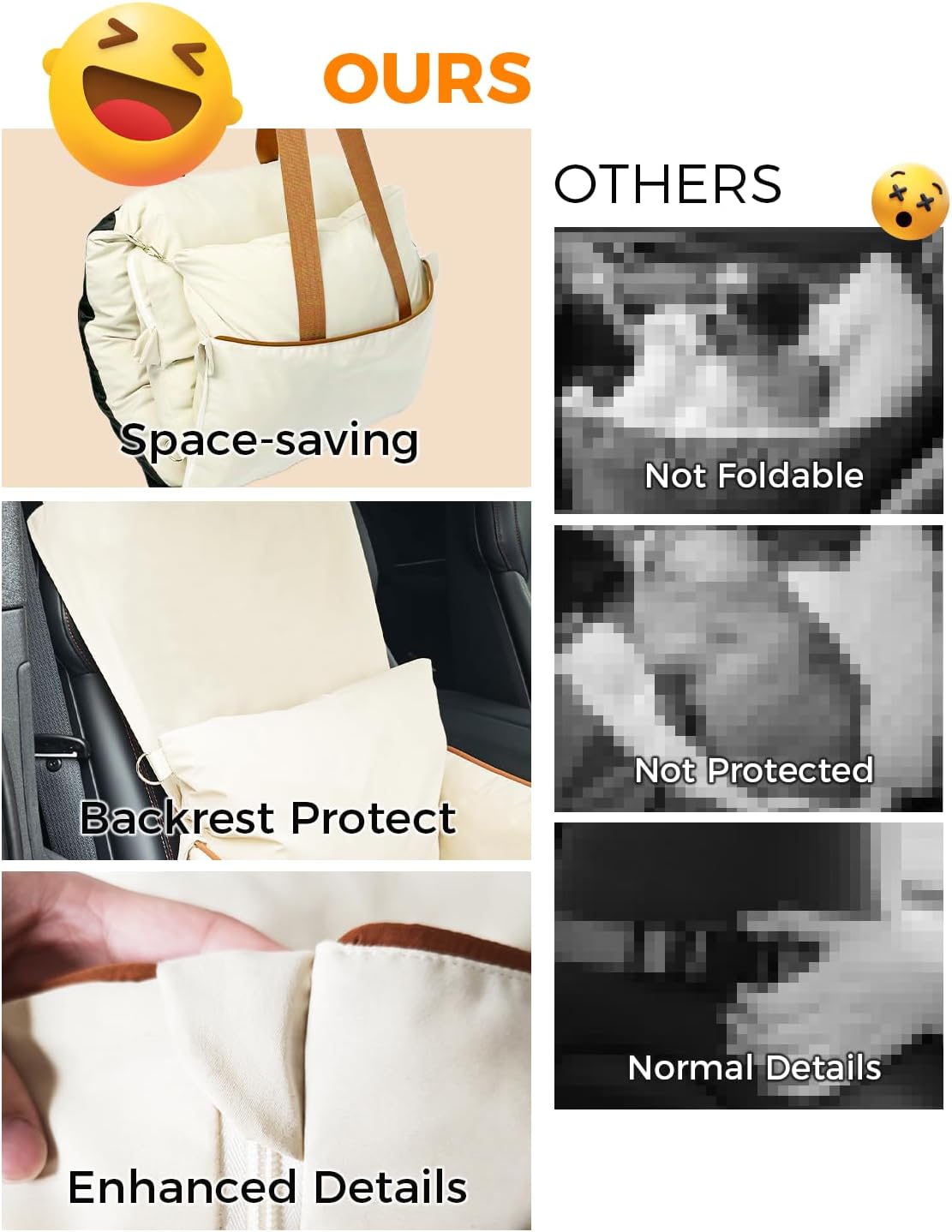 TINYBEAST Foldable Dog Car Seat for Small Dogs, Waterproof Dog Booster Seat with Backrest Protector, Portable Washable with Storage Pockets and Clip-On Leash, Car Travel Carrier Bed, Beige