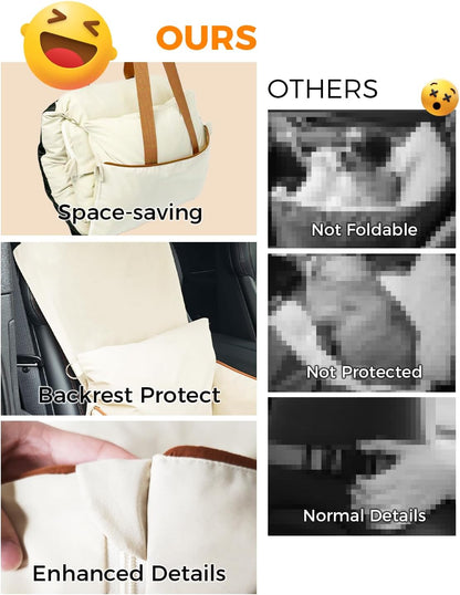 TINYBEAST Foldable Dog Car Seat for Small Dogs, Waterproof Dog Booster Seat with Backrest Protector, Portable Washable with Storage Pockets and Clip-On Leash, Car Travel Carrier Bed, Beige